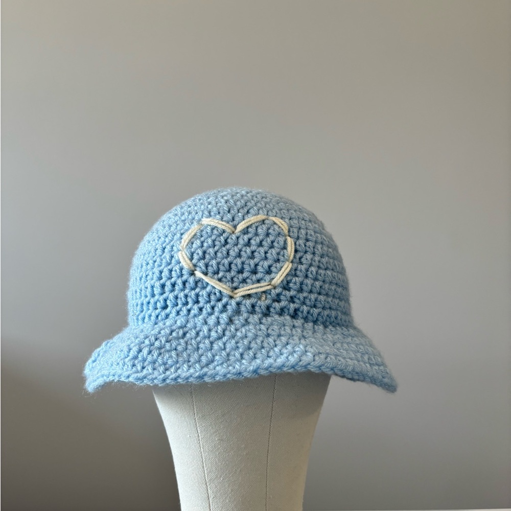 Blue Crochet Bucket Hat with Heart Design